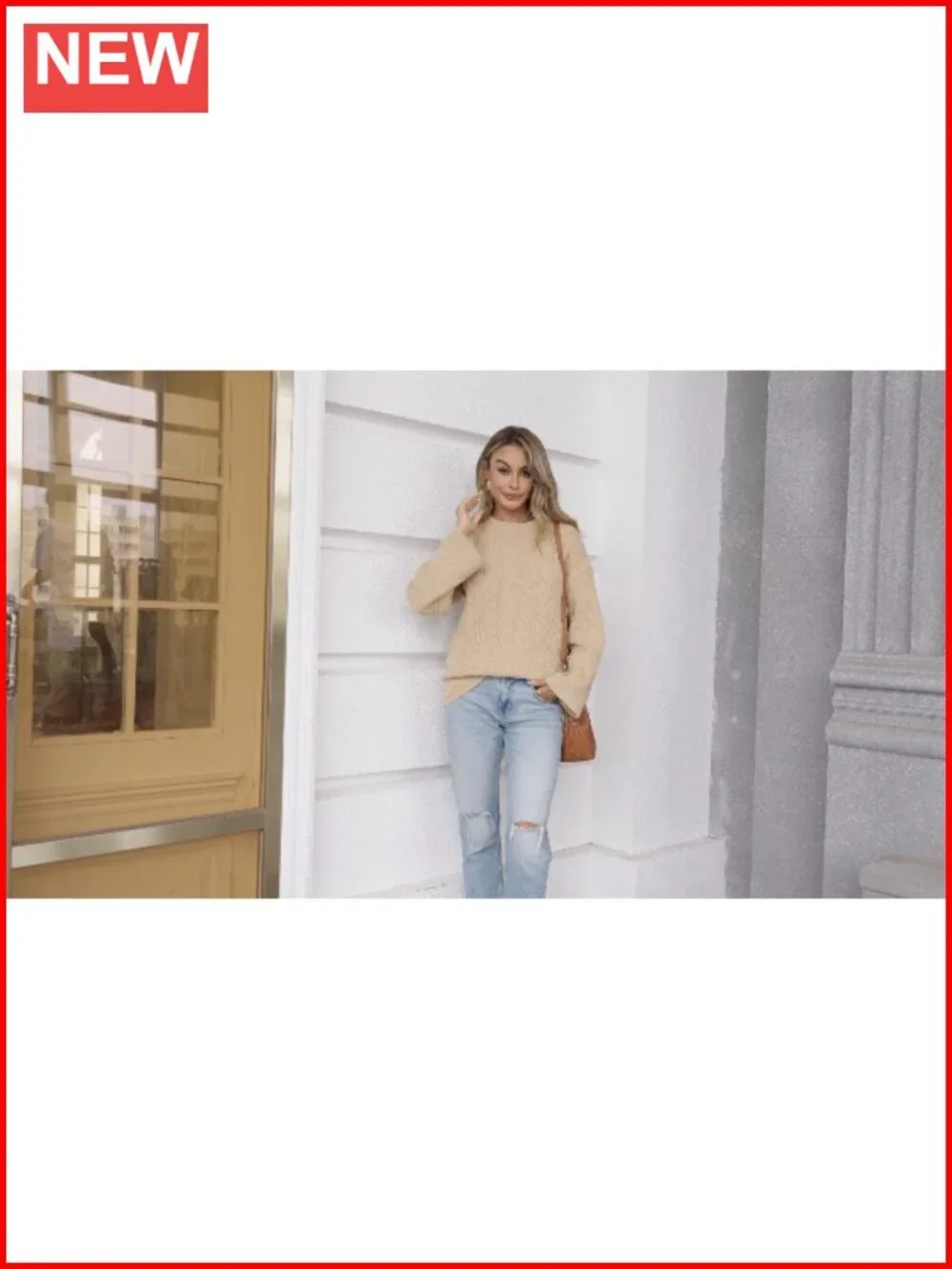 Cable Knit Oversized Chunky Crew Neck Pullover Sweater Bell Sleeve
